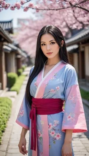 30-year-old Nico Robin from one piece, with long black hair, fair skin, blue eyes, on wano country street, Surrounded by Japanese traditional style architectural buildings, sakura trees, bright sun lighting, striking facein photo 8k, photos taken by hasselblad + incredibly detailed, sharpen, details + professional lighting, photography lighting + 50mm, 80mm, 100m + lightroom gallery + behance photographies + unsplash
