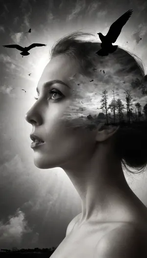 crisp white background, (solid matte black female silhouette:1.7), (Double exposure photo:1.7), nude female silhouette, (contrapposto pose), seagulls and sky inside female contour, black wood background, modern graphic design dvr-wwyt, double, exposure, <lora:dvr-wwyt:2>, <lora:SDXL_double_exposure_Sa_May_V8:2>