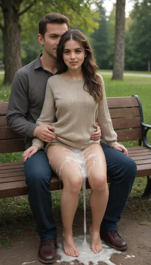 Cute brunette with bangs and ponytail in reddish brown knit sweater, brunette petite sitting on his lap on top of his flaccid dick on a bench in a park, full body view, petite woman, small tits, slight smile, a man has his pants pulled down a bit, flaccid dick hanging down, he is clothed with dick out, (sitting on lap), sitting on bench, huge balls, (massive dick:1.3), extreme cum play, cum on face, cum dump, (excessive cum:1.4), huge creampie, (cum covered), woman, realistic proportions, perfect face, tight body, perfect hazel eyes