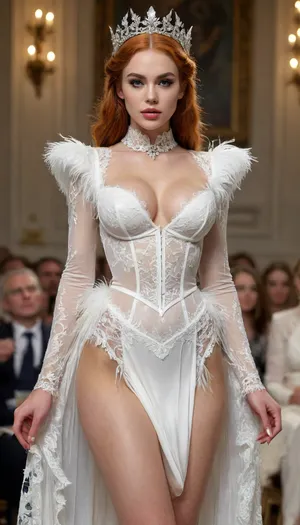 woman, full body raw photo, 32g breast, Victorian fashion show, (beautiful Lady at fashion podium), ginger hair, intricate ginger hair style with feather ornament, symmetrical features, fantastic, whimsical, white intricate lace victorian silk and lace fashion dress, evermore fashion, elie Saab, iris van herpen, opulent fashion show with Spectators background, high details on face, karol bak, luis royo, Victo Ngai, Vibrant, Wlop, Kuvshinov, Character Design, TXAA, 32k, Highly Detailed, Dynamic Pose, Intricate Motifs, Organic Tracery, Perfect Composition, Digital Painting, Artstation, Smooth, Sharp Focus, Illustration, hyperdetailed, greg rutkowski, Laura sava, realistic, Hyperrealism, bmbplora, <lora:bimboxl_02:.5>