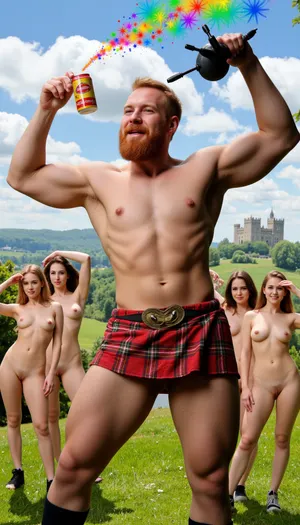 Willy, the lovable yet gruff groundskeeper, decked out in full Scottish regalia, standing tall and proud with his unmistakable fiery red hair and beard. He's flexing his surprisingly ripped and muscular physique, which has drawn the attention of a group of sexy ladies, each dressed in revealing, Scottish-themed attire. Willy's right hand holds a gleaming bagpipe, emitting a vibrant burst of colorful notes that float up into the air as if they were visible to the eye. His left hand grasps a can of Irn-Bru, the iconic Scottish soft drink, which he seems to be offering to one of the admiring women with a cheeky wink. His kilt flutters dramatically in the breeze, revealing strong, muscular legs that defy his age. The ladies are in various poses of admiration and awe, with some leaning in closer to hear the sweet sound of the pipes, while others are reaching out to touch his muscular arms or steal a sip of his beverage. The background is a whimsical world of majestic Scottish highlands, complete with a distant castle and rolling green hills. The vibrant color palette is a blend of the bright yellows and blues from the Irn-Bru logo, the rich greens of the landscape, and the vivid plaids of the characters' outfits. The scene exudes a playful, flirtatious energy that captures the essence of Willy's unexpected charm and the infectious spirit of Scottish culture.
