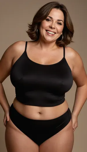 curvy, obese, big, gilf, looking at viewer, eye contact, portrait photo a chubby mature 60 year old woman, wearing a tight v-neck sleeveless spaghetti strap black dress, hourglass figure, round face, chubby cheeks, wrinkles, flushed cheeks, double chin, round jawline, thick arms, big eyes, brunette hair with highlights, beautiful hair, medium hair, bob cut, big smile, mouth open, lips parted, big lips, teeth showing, perfect teeth, joyful smile, (solid blank background), hoop earrings, (wrinkles), (fupa), ((cameltoe)), (pubic hair), wide pubic hair, drooping saggy conical breasts, sagging, breasts, apart, wide, hips, <lora:tt_saggy:.3>, <lora:ConicalTits:.3>, <lora:hips-10:.5>