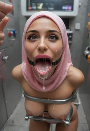 (Arab Muslim woman is stuck with her hips in a round hole with metal rim in an arcade machine on a busy street, wearing a mouth spreader, wearing a pink hijab), (she shows thumbs up:1.3), (natural brown eyes), (brown skin), (stuck in round hole with metal rim:1.1), (wide metal box), (arms restrained in contraption:1.6), (wide angle, full machine in picture:1.1), (bustling street, passersby:1.3), (wide smile, obsessive:1.5), (her arms are fixated in machine:1.5), (score_9, score_8_up, score_7_up, UHD 8K, masterpiece, best quality, maximum details:1.2), natural light, extreme realism, cinematic still, (very happy:1.3), (wide mouth spreader ring gag, gaping mouth:1.5), (her hands are protruding from holes:1.3), (stuck in hole with metal rim), (leaning forward), (huge penis), (she stares at erect penis in front of her face:1.3), (cum on her face, bukkake:1.3), (shocking pink lipstick:1.3), (bimbo lips:1.2), (botox:1.2)