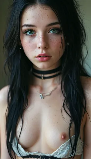 18 year old, long black hair, black chocker, pink lipstick, nipple rings, belly ring, ripped revealing clothes, goth, small breasts, full body view, Tinymodel, young, schoolgirl, pretty young, Young girls, perfect face, green eyes, cute, closeup, petite body, full body photo, beautiful face, fluxenh4nce, <lora:MJ52:.3>, <lora:FLUXEnh4nce:.8>, freckles, <lora:SdXL_better freckles_epoch_16:.8>