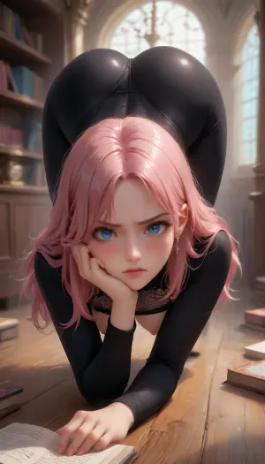 score_9, score_8_up, score_7_up, score_6_up, 1woman 25yo, (((black bodysuit in large mesh, transparent))), squatting, looking at the viewer, (((view from behind bottom up))), she holds her buttock with her hand, ((blush on her face, angry expression on her face, cries, lots of tears)), ((medium breasts, huge bubble butt)), long hair, pink hair, blue eyes, hard nipples, highleg panties, upper body, indoors, window, book shelf, chandelier, decorations, ((book under her hand)), (oiled body), <lora:287175_training_data:2>, <lora:add-detail-xl:2>, <lora:princess_xl_v2:.7>, <lora:DetailedEyes_V3:2>, <lora:Animated_Concept:.8>