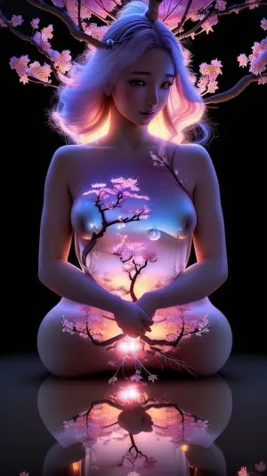 Illustration of a dynamic anime style scene, ((double exposure)), ((frame within frame)), ((transparent, nude, the girl is one with the sakura tree)), ((sakura flowers sprouting through her transparent, like a rock crystal body from inside intertwining with a ghostly silhouette as one, branches intertwining into her crystal chest intertwining through her transparent, like a crystal vessel body, whimsical branches growing from inside)), with hair long from branches and flowers in a bright fantasy world filled with floating islands reflected in the mystical light of the transparent belly and, ((blossoming sakura trees intertwining with the girl's transparent body)), the atmosphere is whimsical and colorful, with soft, magical lighting effects. The style reflects a mixture of modern anime and romantic mood, 3DMM, w0rld, <lora:w0rld - World Inside Body:.8>