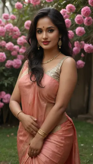 38 year old Indian mature woman, bindi, long voluminous puffed style long black hair over one shoulder, large boobs, milf, chubby fat, daytime lawn greenery cold chill full of flowers petals people watching her, colorful peach and pink decent Indian saree sleeveless blouse, full indian jewellery nacklace, hindu, Bengali bride flowers on hairs, seducing naughty smirk, long earrings, full makeup, high heels, mascara, red lipstick, eye liner, view from top, full length size picture, facing the viewers, seducing flirting stylish pose, Afroza, MILF, Fashionable, style, tailor, bengali, look, bridal, saree, <lora:Afroza-10:.5>, <lora:RPGTailorXL:.6>, <lora:lora (9):.8>, <lora:bridal_saree:.9>