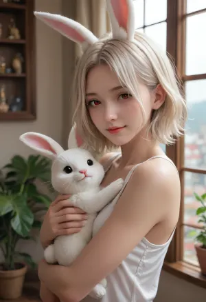 score_9, score_8_up, score_7_up, The image is an illustration of a young woman with long white hair and red eyes. She is wearing a white tank top and has a pair of bunny ears on her head. The woman is holding a white rabbit in her arms and is kissing it tenderly. The rabbit has its eyes closed and appears to be sleeping. The background is a room with a window and a plant. The overall mood of the image is peaceful and serene. dark_skin, rating, safe, white_hair, heart, animal_ears, 1girl, red_eyes, long_hair, parted_bangs, bunny_ears, hug, bare_shoulders, window, smile, half-closed_eyes, indoors, looking_at_viewer, one_eye_closed