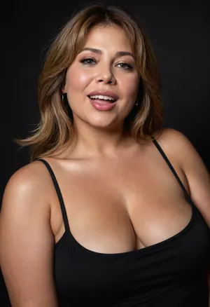 Lubica stepaunt, light brown balayage hair with highlights, (Obese:1.3), pov, (gilf), tan skin, wrinkles, portrait photo a mature chubby gilf, fat round face, double chin, 50 years old Woman, big eyes, light eyes, long hair, layered haircut with side swept bangs, chubby jawline, pokies, seductive smile, lips parted, (mouth open:1.3), teeth showing, big lips, looking at viewer, (solid blank dark background:1.3), film grain, style by Flora Borsi, OverallDetail, sleeveless spaghetti strap black dress, hips, saggy, sagging, droopy, cleavage, eye contact, (cellulite), (saggy), stretch, marks, puffy, nipples, dark, ghost, wide, <lora:rknArouseXL:.5>, <lora:stretch_marks:.6>, <lora:Nipples XL:.5>