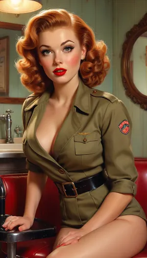 A pin-up style illustration of a young redhead woman with a mid-20th century retro aesthetic posing nude. She wears a military jacket with a large cleavage, She is sitting in a barber chair, making eye contact with the viewer, her mouth is open, She has large expressive eyes, soft curly hair in a 1950s hairstyle, she has very large natural breasts with a realistic sag, a beautiful face, perfect hands, perfect fingers, The background is a military old time barber shop. The lighting is soft and flattering, highlighting the women's features without harsh shadows. Technical details, (for AI generator), lifelike, high detail, sharp focus, vibrant colors, warm lighting, soft glow, full-shot portrait, professional studio quality.., (e.g. post-apocalyptic wasteland), . Illustration is rendered in traditional pin-up painting style, (like Gil Elvgren), with warm tones and gentle shading, style, of, Art, Frahm, <lora:tbh210-sdxl:1.5>