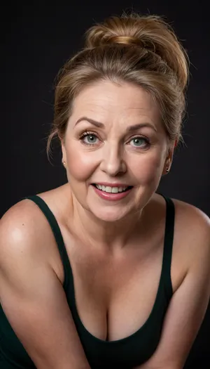 chestnut hair, ponytail, Obese, (gilf), wrinkles, portrait photo a mature chubby gilf, fat round face, double chin, 60 years old Woman, big eyes, green eyes, layered haircut, chubby jawline, pokies, seductive smile, lips parted, (mouth open:1.3), teeth showing, big lips, looking at viewer, (solid blank dark background:1.3), eye level shoot, film grain, style by Flora Borsi, OverallDetail, white sleeveless spaghetti strap minidress, fupa, wide, hips, saggy, sagging, droopy, cleavage, eye contact, cellulite