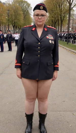 no skirt, no panties on a OBESE 58-year-old European woman shaved pussy, whiteblond hair, wrinkled face, black lipstick on thin lips, black makeup, glasses. She is dressed only with, ((buttoned Military parade suit:1.5)), buttoned up on the tits, officer's peaked cap., ((NO skirt:1.5)), NO PANTIES. long boots, belt, ((shaved pussy visible:1.5)), full figure visible, outdoor, prisoners of war, realistic image, ultra HD, 8k, ((daylight)), HD, true colors, detailed portrait. No blur, ultra HD photorealistic full height 8k, <lora:356724_training_data:.8>, megachubsdxl, morbidly, obese, <lora:megachubsdxl_13:.2>