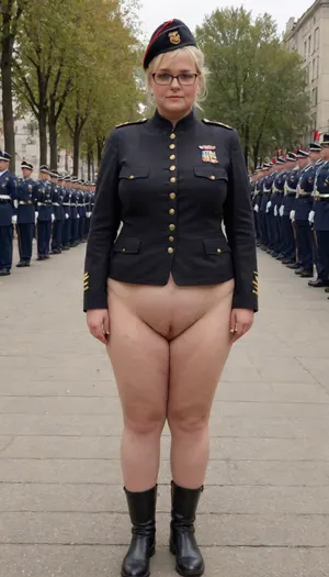 no skirt, no panties on a OBESE 58-year-old European woman shaved pussy, whiteblond hair, wrinkled face, black lipstick on thin lips, black makeup, glasses. She is dressed only with, ((buttoned Military parade suit:1.5)), buttoned up on the tits, officer's peaked cap., ((NO skirt:1.5)), NO PANTIES. long boots, belt, ((shaved pussy visible:1.5)), full figure visible, outdoor, prisoners of war, realistic image, ultra HD, 8k, ((daylight)), HD, true colors, detailed portrait. No blur, ultra HD photorealistic full height 8k, <lora:356724_training_data:.8>, megachubsdxl, morbidly, obese, <lora:megachubsdxl_13:.2>