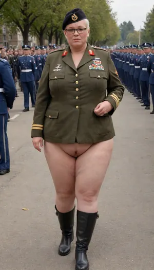 no skirt, no panties on a OBESE 58-year-old European woman with hidden shaggy tits, shaggy belly under buttoned Military parade suit, shaved pussy is visible, white blond hair, wrinkled face, black lipstick on thin lips, black makeup, glasses. She is dressed only with, ((buttoned Military parade suit:1.5)), buttoned up on the tits, officer's peaked cap., ((NO skirt:1.5)), NO PANTIES. long boots, belt, ((shaved pussy visible:1.5)), full figure visible, outdoor, prisoners of war, realistic image, ultra HD, 8k, ((daylight)), HD, true colors, detailed portrait. No blur, ultra HD photorealistic full height 8k, <lora:356724_training_data:.8>, megachubsdxl, morbidly, obese, <lora:megachubsdxl_13:.2>