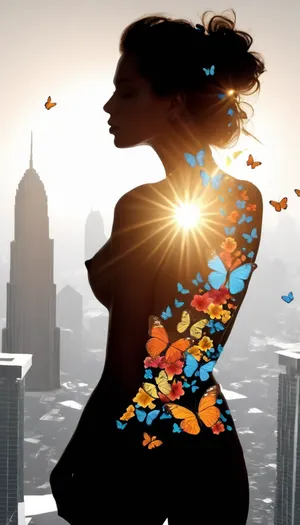 crisp white background, (2D female silhouette:1.7), (Double exposure photo:1.7), nude female silhouette on black and white skyscrapers background, (sexy pose, ass back), colorful butterflies and flowers inside female contour, white background, modern graphic design, dvr-wwyt, double, exposure, <lora:dvr-wwyt:2>, <lora:SDXL_double_exposure_Sa_May_V8:2>
