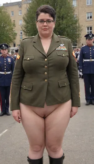 no skirt, no panties on a OBESE 58-year-old European woman with hidden shaggy tits, shaggy belly under buttoned Military parade suit, shaved pussy is visible, black hair, wrinkled face, black lipstick on thin lips, black makeup, glasses. She is dressed only with, ((buttoned Military parade suit:1.5)), buttoned up on the tits, officer's peaked cap., ((NO skirt:1.5)), NO PANTIES. long boots, belt, ((shaved pussy visible:1.5)), full figure visible, outdoor, prisoners of war, realistic image, ultra HD, 8k, ((daylight)), HD, true colors, detailed portrait. No blur, ultra HD photorealistic full height 8k, <lora:356724_training_data:.8>, megachubsdxl, morbidly, obese, <lora:megachubsdxl_13:.2>, <lora:updated_saggy_slim:.5>