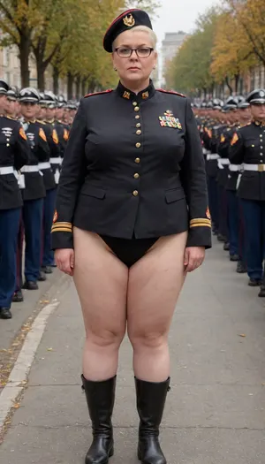 no skirt, no panties on a OBESE 58-year-old European woman shaved pussy, whiteblond hair, wrinkled face, black lipstick on thin lips, black makeup, glasses. She is dressed only with, ((buttoned Military parade suit:1.5)), buttoned up on the tits, officer's peaked cap., ((NO skirt:1.5)), NO PANTIES. long boots, belt, ((shaved pussy visible:1.5)), full figure visible, outdoor, prisoners of war, realistic image, ultra HD, 8k, ((daylight)), HD, true colors, detailed portrait. No blur, ultra HD photorealistic full height 8k, <lora:356724_training_data:.8>, megachubsdxl, morbidly, obese, <lora:megachubsdxl_13:.2>
