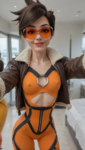 (((Best selfie pose))), (young petite girl:1.9), Close-up girl, breathtaking Cinematic scene, hero view, ((smile)), Overwatch, detailed background, masterpiece, best quality, high quality, highres, absurdres . award-winning, professional, highly detailed, (ultra realistic:1.3), (maximum quality:1.3), (high resolution:1.3), (extreme detail:1.3), (ultra realism:1.3), (maximum detailed skin:1.3), (((extremely long big thick black eyelashes))), (narrow waist), (wide hips), (((makeup))), (((blush))), lipstick, detaled pimples moles all over the body, corneo_tracer, (tracer_overwatch), (goggles), jacket, ((orange)), ((cutout open bodysuit)), ((bomber)), (harness), chest, lora, ((big sunglasses, orange lenses)), ((erect nipples)), (((cameltoe pusssy))), <lora:tracer_xl_v1:2>, <lora:Realism_Lora_By_Stable_yogi_SDXL8.1:2>, <lora:cfg_scale_boost:2>, <lora:sdxl_photorealistic_slider_v1-0:2>