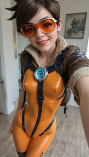 (((Best selfie pose))), (young petite girl:1.9), Close-up girl, breathtaking Cinematic scene, hero view, Tracer, ((smile)), Overwatch, detailed background, masterpiece, best quality, high quality, highres, absurdres . award-winning, professional, highly detailed, (ultra realistic:1.3), (maximum quality:1.3), (high resolution:1.3), (extreme detail:1.3), (ultra realism:1.3), (maximum detailed skin:1.3), (((extremely long big thick black eyelashes))), (narrow waist), (wide hips), (makeup), ((blush)), lipstick, detaled pimples moles all over the body, corneo_tracer, (leggings), (tracer_overwatch), (goggles), jacket, ((orange)), (cutout bodysuit), ((bomber)), (harness), chest, lora, ((big sunglasses, orange lenses)), (((oiled skin))), ((erect nipples)), <lora:tracer_xl_v1:2>, <lora:Realism_Lora_By_Stable_yogi_SDXL8.1:2>, <lora:cfg_scale_boost:2>, <lora:sdxl_photorealistic_slider_v1-0:2>