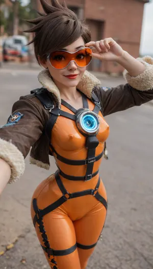 (((Best selfie pose))), (young petite girl:1.9), Close-up girl, breathtaking Cinematic scene, hero view, Tracer, ((smile)), Overwatch, action pose, detailed background, masterpiece, best quality, high quality, highres, absurdres . award-winning, professional, highly detailed, (ultra realistic:1.3), (maximum quality:1.3), (high resolution:1.3), (extreme detail:1.3), (ultra realism:1.3), (maximum detailed skin:1.3), (((extremely long big thick black eyelashes))), (narrow waist), (wide hips), (makeup), ((blush)), lipstick, detaled pimples moles all over the body, (corneo_tracer), ((leggings)), (((tracer_overwatch))), (((goggles))), (((jacket))), (((orange))), (((bodysuit))), (((bomber))), (((harness))), chest, lora, (((big sunglasses, orange lenses))), (((oiled skin))), ((erect nipples)), <lora:tracer_xl_v1:2>, <lora:Realism_Lora_By_Stable_yogi_SDXL8.1:2>, <lora:cfg_scale_boost:2>, <lora:sdxl_photorealistic_slider_v1-0:2>