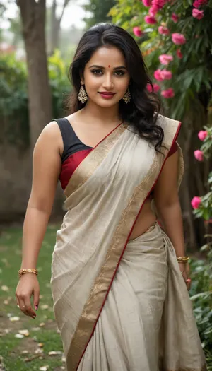 38 year old Indian mature woman, bindi, long voluminous puffed style long black hair over one shoulder, large boobs, milf, chubby fat, daytime lawn greenery cold chill full of flowers petals people watching her, black and white decent Indian saree sleeveless blouse, full indian jewellery nacklace, hindu, Bengali bride flowers on hairs, seducing naughty smirk, long earrings, full makeup, high heels, mascara, red lipstick, eye liner, view from top, full length size picture, facing the viewers, seducing flirting stylish pose, Afroza, MILF, Fashionable, style, tailor, bengali, look, bridal, saree, <lora:Afroza-10:.5>, <lora:RPGTailorXL:.6>, <lora:lora (9):.8>, <lora:bridal_saree:.9>