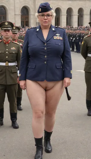 no skirt, no panties on a OBESE 61-year-old European woman, grandma with hidden shaggy tits and shaggy belly under buttoned Military parade suit. Shaved pussy is visible. Light grey blond hair, wrinkles. Dark lipstick on thin lips, dark makeup, glasses. Slut face. She is dressed only with, ((buttoned Military parade suit:1.5)), buttoned up on the tits, officer's peaked cap., ((NO skirt:1.5)), NO PANTIES. long boots, belt, ((shaved pussy visible:1.5)), full figure visible, outdoor, prisoners of war, realistic image, ultra HD, 8k, ((daylight)), HD, true colors, detailed portrait. No blur, ultra HD photorealistic full height 8k, <lora:356724_training_data:.8>, megachubsdxl, morbidly, obese, <lora:megachubsdxl_13:.4>, <lora:updated_saggy_slim:.2>