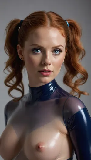 (Older looking face, ginger styles99, aged 40), ((stretchy clothing)), (transparent see_through red latex clothing), shy happy look, wide_set long pointy breasts, huge pointy long puffy pokie areola and pokie thick puffy nipples, hourglass bodyshape, large puffy cameltoe vulva, micro-waist, round ass, (long wavy hair, high twin ponytails), seductive beauty, dynamic pose, small chin, small nose, faint freckles, proportional head, (small dark blue eyes), (small almond shaped eyes), from side above and front, looking at viewer