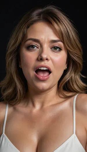 Lubica stepaunt, light brown balayage hair with highlights, (Obese:1.3), pov, (gilf), tan skin, wrinkles, portrait photo a mature chubby gilf, fat round face, double chin, 50 years old Woman, big eyes, light eyes, long hair, layered haircut with side swept bangs, chubby jawline, pokies, seductive smile, lips parted, (mouth open:1.3), teeth showing, big lips, looking at viewer, (solid blank dark background:1.3), film grain, style by Flora Borsi, OverallDetail, sleeveless spaghetti strap White dress, hips, saggy, sagging, droopy, cleavage, eye contact, (cellulite), <lora:rknArouseXL:.7>