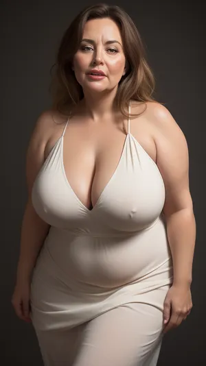 Lubica stepaunt, light brown balayage hair with highlights, (Obese:1.3), pov, (gilf), tan skin, wrinkles, portrait photo a mature chubby gilf, fat round face, double chin, 50 years old Woman, big eyes, light eyes, long hair, layered haircut with side swept bangs, chubby jawline, pokies, seductive smile, lips parted, (mouth open:1.3), teeth showing, big lips, looking at viewer, (solid blank dark background:1.3), film grain, style by Flora Borsi, OverallDetail, sleeveless spaghetti strap White dress, hips, saggy, sagging, droopy, cleavage, eye contact, (cellulite), stretch, marks, <lora:rknArouseXL:.5>, <lora:stretch_marks:.4>