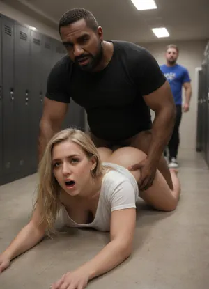 interracial, (saving marriage:1.5), (caught cheating:1.8), (husband looking from distance:1.6), (moaning:1.4), (prone sex:1.2), dark gym locker room, black walls, night, long hair, 4k very fat wife, old married, (woman wearing a tight T-shirt and leggings), (old fat woman), (sagging breasts), tanned, blonde, tall african man, ((very muscular african brute)), standing, black man fucking doggystyle, massive cock fucking, rough sex, smoked face, (low light in dark room:1.3), brutal fucking, aidxlv05_neg, dark, chiaroscuro, low-key, green, eyes, blue, brown, perfecteyes, orgasmface, <lora:sdxl_darkflash_v6-000060:.7>, <lora:zavy-cntrst-sdxl:.6>, <lora:PerfectEyesXL:1>, <lora:orgasmface_SDXL:.8>