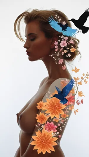 crisp white background, (2D female silhouette:1.7), (Double exposure photo:1.7), nude female silhouette on pure white background, (sexy pose), colorful birds and flowers inside female contour, white background, modern graphic design, dvr-wwyt, double, exposure, source_anime, 80s anime style, <lora:dvr-wwyt:2>, <lora:SDXL_double_exposure_Sa_May_V8:2>, <lora:NEOTOKIOXL_0.2_RC:.8>