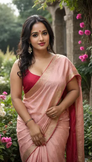 38 year old Indian mature woman, bindi, long voluminous puffed style long black hair over one shoulder, large boobs, milf, chubby fat, daytime lawn greenery cold chill full of flowers petals people watching her, colorful peach and pink decent Indian saree sleeveless blouse, full indian jewellery nacklace, hindu, Bengali bride flowers on hairs, seducing naughty smirk, long earrings, full makeup, high heels, mascara, red lipstick, eye liner, view from top, full length size picture, facing the viewers, seducing flirting stylish pose, Afroza, MILF, Fashionable, style, tailor, bengali, look, bridal, saree, <lora:Afroza-10:.5>, <lora:RPGTailorXL:.6>, <lora:lora (9):.8>, <lora:bridal_saree:.9>
