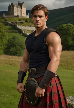 A young man, light-skinned and with brown hair, is positioned slightly off-center to the right of the image. He is of European descent and appears to be in his late twenties. He has a muscular physique with visible abs. He is wearing a traditional Scottish kilt, a dark red and black tartan, and leather armor-style arm guards and belt. A metal chain necklace with a pendant hangs across his chest. He stands outdoors by a calm body of water, in front of a large, gray stone castle or tower. The setting is a scenic landscape with rolling hills and lush green foliage. The man is looking directly at the viewer, with a serious expression. His posture is confident and relaxed, one arm holding a metal object. The image is brightly lit, casting shadows subtly, suggesting a natural light source from slightly above and to the left. The colors are varied and vibrant, with a focus on the earthy tones of the landscape and the rich colors of the tartan kilt. The image style is evocative of a historical fantasy, or a scene from a film. The composition of the image places emphasis on the subject, showcasing his strong physique and traditional attire.