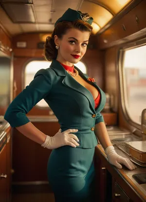 (masterpiece, best quality, photorealistic, highres, pin-up style, 1960s vintage, cinematic lighting, soft golden hour rim light, vibrant Kodachrome palette), 22-year-old flight attendant, curvaceous hourglass figure, (full round breasts:1.2), (ultra-narrow waist:1.2), (wide hips and long shapely legs:1.2), flawless fair skin with healthy blush, classic victory rolls hairstyle, pillbox hat, cat-eye eyeliner, bold red lipstick, playful confident smile, fitted teal stewardess jacket tailored to the waist, deep V neckline with silk neck scarf, tight high-waisted pencil skirt to mid-thigh, sheer seamed stockings, white gloves, glossy stiletto pumps, elegant gold watch and small pearl earrings, leaning on a polished airline galley cart, one hand on the handle, the other adjusting the hat, arched back with one leg slightly popped, flirty side glance at viewer, retro aircraft cabin aisle with rounded windows and aluminum details, vintage travel posters visible, crisp shadows and soft bounced fill light, ultra-sharp focus, HDR, highly detailed textures, natural skin pores, (correct hand anatomy:1.3), five fingers per hand, lifelike proportions, exceptional clarity and contrast, <lora:MJ52:1>, <lora:SDXLHighDetail_v6-000005:.8>, <lora:Microwaist_XL_v01:.8>