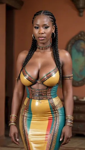 African tribal 40 year old busty woman, tight latex dress, huge boobs, full body view, thick braids