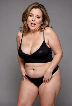 Lubica stepaunt, Light chestnut hair with gray streaks, long hair, (fat:1.3), milf, portrait photo a mature chubby gilf, fat round face, double chin, 56 years old Woman, big eyes, light eyes, layered haircut, chubby jawline, pokies, seductive smile, lips parted, (mouth open:1.2), teeth showing, big lips, looking at viewer, (solid blank background:1.3), film grain, style by Flora Borsi, OverallDetail, black sleeveless spaghetti strap black dress, fat arms, thick, thighs, (areola slip), wide, hips, saggy, sagging, droopy, hanging, breasts cleavage, eye contact, downblouse, nipslip, <lora:RealDownblouseXL2:.5>, squatting