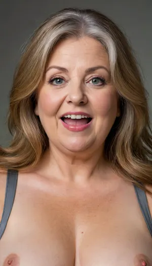 Light chestnut hair with gray streaks, long hair, (Obese), gilf, portrait photo a mature chubby gilf, fat round face, double chin, 70 years old Woman, big eyes, green eyes, layered haircut, chubby jawline, pokies, seductive smile, lips parted, (mouth open:1.2), teeth showing, big lips, looking at viewer, (solid blank background:1.3), film grain, style by Flora Borsi, OverallDetail, satin sleeveless spaghetti strap dress, areola, wide, hips, saggy, sagging, droopy, cleavage, eye contact