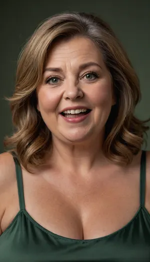 Light chestnut hair with gray streaks, long hair, (Obese), gilf, portrait photo a mature chubby gilf, fat round face, double chin, 70 years old Woman, big eyes, green eyes, layered haircut, chubby jawline, pokies, seductive smile, lips parted, (mouth open:1.2), teeth showing, big lips, looking at viewer, (solid blank background:1.3), film grain, style by Flora Borsi, OverallDetail, satin sleeveless spaghetti strap dress, areola, wide, hips, saggy, sagging, droopy, cleavage, eye contact