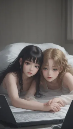 view from the back, big laptop screen displaying a lesbian anime porn game, two girls with long hair watching on a bed