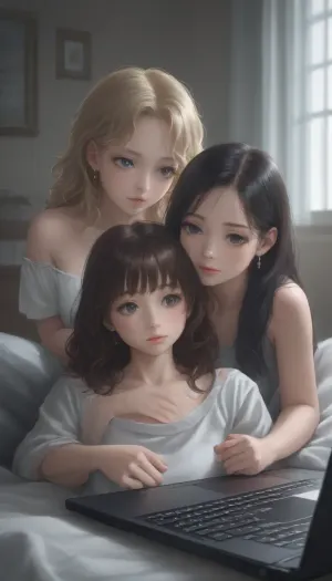 view from the back, big laptop screen displaying a lesbian anime porn game, two girls with long hair watching on a bed