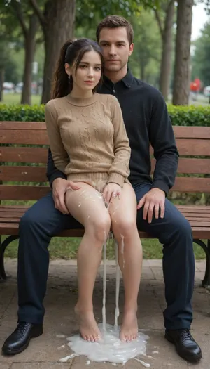 Cute brunette with bangs and ponytail in reddish brown knit sweater, torn sweater, brunette petite sitting on his lap on top of his flaccid dick on a bench in a park, full body view, petite woman, small tits, slight smile, a man has his pants pulled down a bit, flaccid dick resting on her legs, he is clothed with dick out, (sitting on lap), sitting on bench, huge balls, (massive dick:1.3), extreme cum play, cum on face, cum dump, (excessive cum:1.4), huge creampie, (cum covered), woman, realistic proportions, perfect face, tight body, perfect hazel eyes, reverse cowgirl, side view