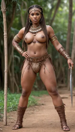 African tribal 30 year old busty shemale, warrior outfit, massive boobs, full body view, thick brown braids, big penis, large cock, erection, bulge, <lora:bulgev1-beta:1.6>