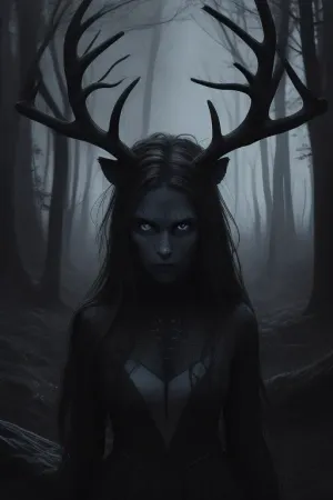 Painting of a majestic, antlered women standing in a dark, moonlit forest. The women, has large, intricate antlers, a thick, shaggy hair, and glowing eyes. Silhouetted trees and a glowing horizon in the background add to the eerie, mystical atmosphere. #©KITTYART



































#©KITTYART
