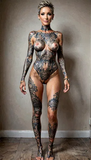 (((sexy mature woman 60 years old))), very athletic lean slim body, tall and skinny, sinewy, fully naked, extreme dark tanned skin, spreading vagina, extreme pixie cut slicked back darkblonde hair, view in 2/3rds profile, Very big perky retrousse breasts, very tall, showing feet, very ripped abs, (several tattoo stripes around arms), very narrow hips, waistcahin, piercing in left nipple, very hairy patch at Pussy, epiCPhoto, NegfeetV2, DARBODMODTAT, Midjourney, MJ, style, poster, manga, anime, yacht, <lora:attractive_notrigger:1.4>, <lora:Midjourney_style:.8>, <lora:yacht_XL:2>