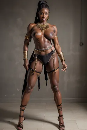 40 year old woman, FDiame, hyper realistic skin, visible pore, professional photoshoot, ray tracking, 85mm, masterpiece, best quality 02, nude, obscene, wild, pussy, (((very tits))), ass, sexual, erotic, spread legs, spread pussy, spread ass crack, dark gray hair, very hair, oily hair, hair bun, belly chain, (((waist chain))), muscular, abs, sixpack, (((slim))), slender, (((skinny))), (((flat sandals))), bald head, (((very dark black skin))), oiled, exhausted, vascular, tall, perky nipples, warrior, amazone, gladiator, Nubian queen, princess, goddess, hardbody, long legs, jucy, strong calves, no clothing, fully nude