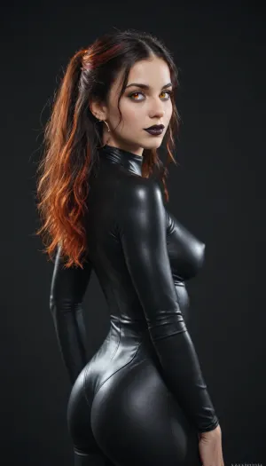 (Indian), hottie, (orange eyes), long ringlet hairstyle, (white ombre hair), lime-red highlights, ((black lipstick)), goofy expression, thick nipples, large tits, (black background), rear view, lips parted, jade jewelry, (black neoprene wetsuit), cleavage, standing, from ground