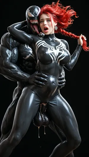 German woman, a very very very long thick braid, red hair, full lips, thick lips, huge chest circumference, dark olive skin, tight micro super hero outfit metallic high-necked long-sleeved high-rise bodysuit, black background, gets held in the air by Venom, full clothing, anal, huge black veiny Venom cock, cock all the way in her ass, belly bulge, ahegao, full body view