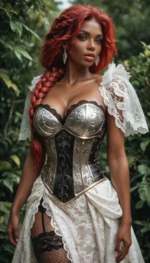 dark elf, solo, a very very very long thick braid, red hair, full lips, thick lips, huge chest circumference, sexy corset dress, (dressed in lace armor), beautiful armor, patterns on armor, ((sexy lace)), (sexy lace summer dress), transparent, fishnet tights