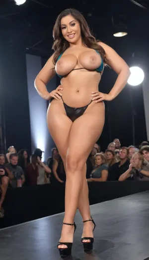 Raw picture, iPhone 15 pro photo, warm light, 40 year old woman, looking at the camera, cheeky smile, dimples, smiling, large boobs, toned medium figure, thin waist, walking the runway in a crowded fashion show, posing on an elevated stage, long legs, thick thighs, toned thighs, thick calves, toned calves, skin detailed with skin imperfections, wearing g-string micro bikini, dyed dark brown hair with highlights, stylish long thick layered hair, perfect makeup, full body in view, platform stiletto heels with ankle strap