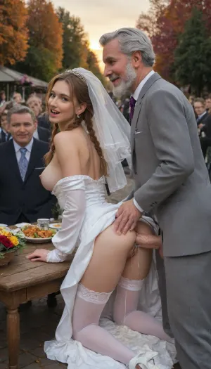 A petite skinny tiny bimbo bride, perfect nature, (autumn colors), she will be fucked outside in the German beergarden, (analsex:1.6), (Extrem giant cocks:1.2), (open smile mouth:1.2), (She doing doggystyle on the table and get fucked from behind:1.2), (view from the side:1.2), (extreme gaping vagina), (massive cumshots), (short pink braids), (she wear bride costume), cum covered, she have large silicone breasts and small nice ass, (she will be anal fucked from two old men and white beard:1.2), they are full clothed in pantsuit, Outside in Germany, (((public beergarden, crowded, people around))), Sunset, perfecteyes, 2boys, white, thighhighs, hon, one, eye, frills, puff, sleeves, (white, bridal, dress, veil:1.5), <lora:340947_training_data:2>, <lora:681678_training_data:.4>, <lora:lora-sdxl-perfect-eyes:.5>, <lora:Nier_Automata_2B_White_Wedding_Dress_Bride_Cosplay_Realistic_LoRA:2>